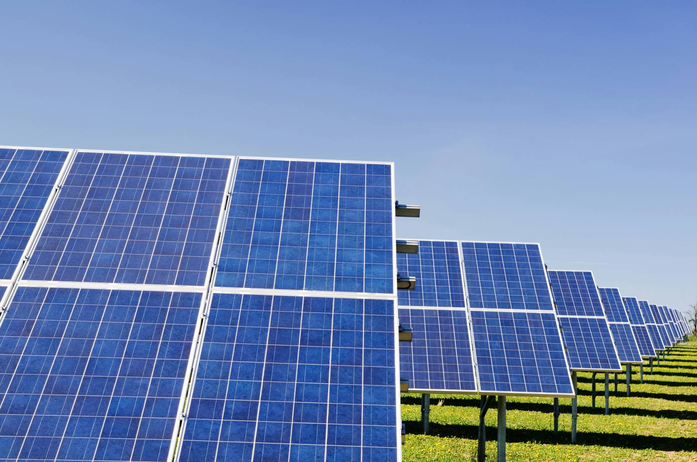 Row of solar panels mounted in an open field under a clear sky
